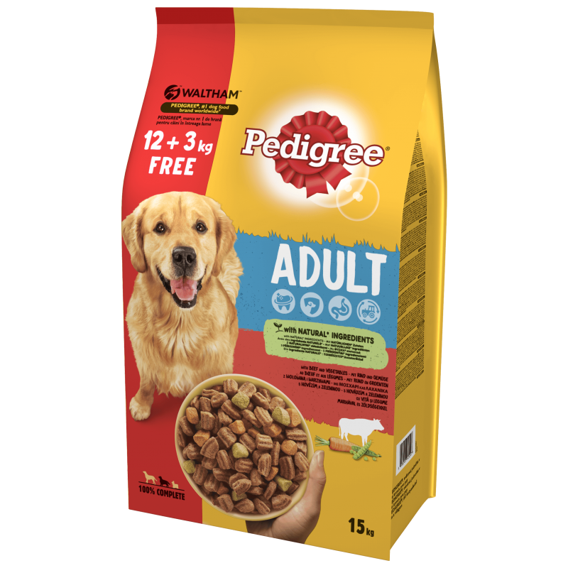 PEDIGREE® Adult 15kg (12+3kg GRATIS)  z wołowiną i warzywami - sucha karma dla dorosłych psów