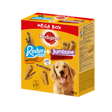 PEDIGREE® Mega Box Rodeo™ i Jumbone™ – przysmak dla dorosłych psów (z kurczakiem, o smaku bekonu oraz o smaku wołowiny i drobiu)