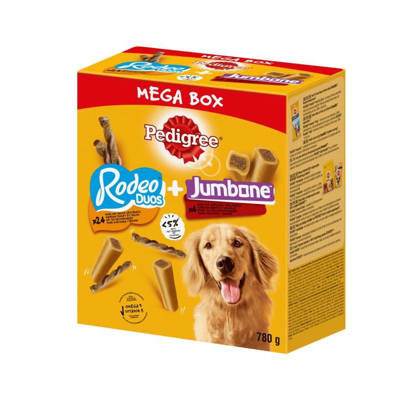 PEDIGREE® Mega Box Rodeo™ i Jumbone™ – przysmak dla dorosłych psów (z kurczakiem, o smaku bekonu oraz o smaku wołowiny i drobiu)