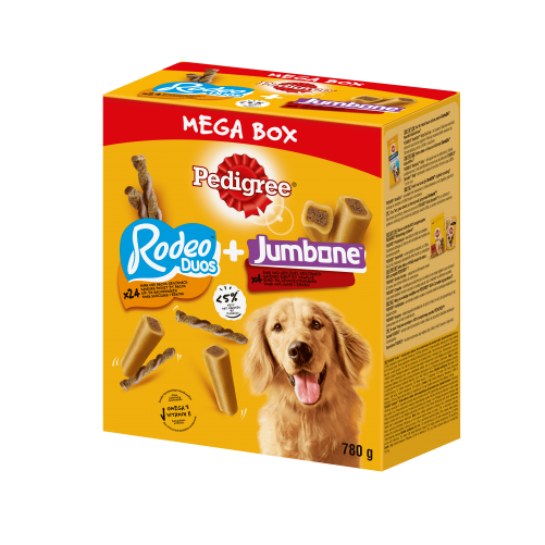 PEDIGREE® Mega Box Rodeo™ i Jumbone™ – przysmak dla dorosłych psów (z kurczakiem, o smaku bekonu oraz o smaku wołowiny i drobiu)