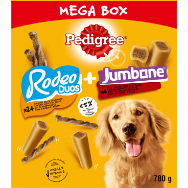 PEDIGREE® Mega Box Rodeo™ i Jumbone™ – przysmak dla dorosłych psów (z kurczakiem, o smaku bekonu oraz o smaku wołowiny i drobiu)