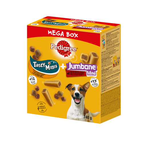 PEDIGREE® Mega Box Tasty Minis i Jumbone™ Mini – przysmak dla dorosłych psów (z Kurczakiem, o smaku Kaczki oraz o Smaku Wołowiny