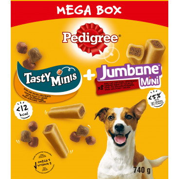 PEDIGREE® Mega Box Tasty Minis i Jumbone™ Mini – przysmak dla dorosłych psów (z Kurczakiem, o smaku Kaczki oraz o Smaku Wołowiny