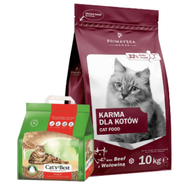 PRIMAVERA PREMIUM Pełnoporcjowa karma dla kota z wołowina 10kg + Cat's best Original 5l żwirek dla kota