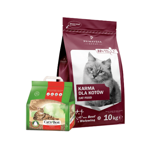 PRIMAVERA PREMIUM Pełnoporcjowa karma dla kota z wołowina 10kg + Cat's best Original 5l żwirek dla kota