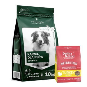 PRIMAVERA Premium Pełnoporcjowa karma dla psa z wołowina 10kg + Dolina Noteci SuperFood danie z indyka 1kg