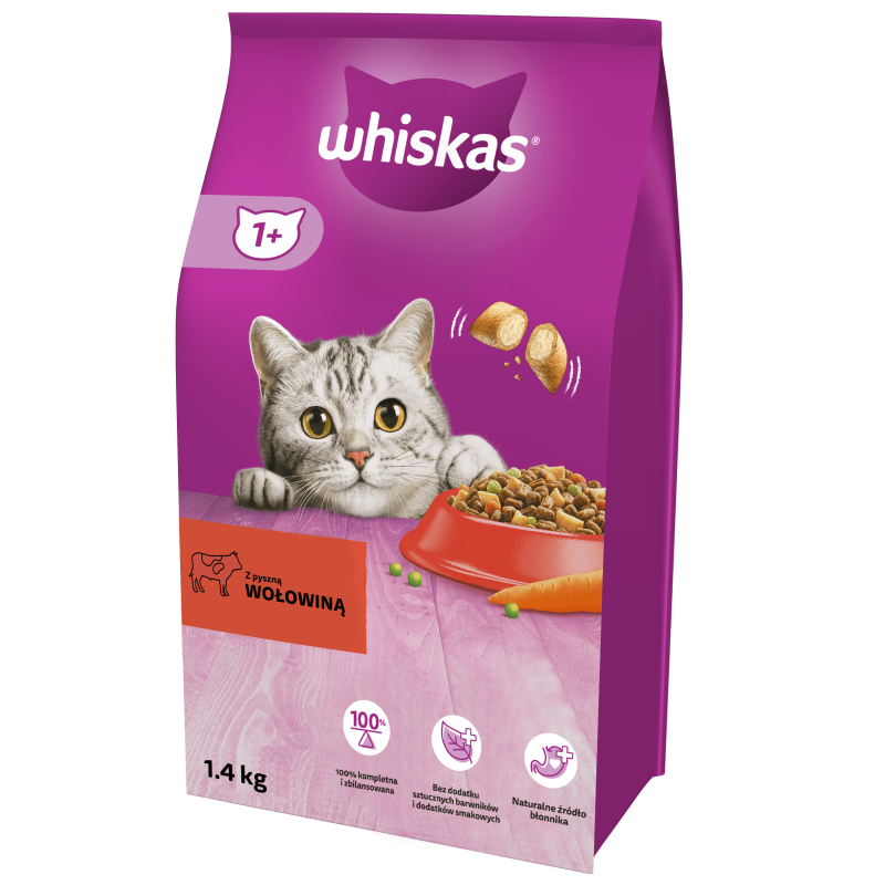 WHISKAS Adult 1,4 kg - sucha karma pełnoporcjowa dla dorosłych kotów, z pyszną wołowiną