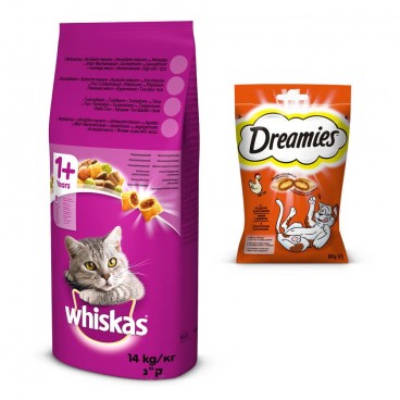 WHISKAS Adult 14 kg - sucha karma pełnoporcjowa dla dorosłych kotów, z pyszną wołowiną  + DREAMIES GRATIS