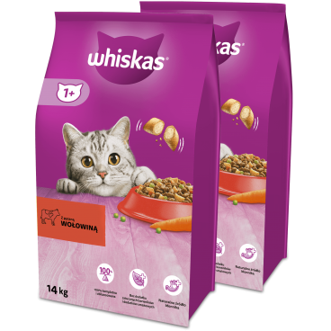 WHISKAS Adult 2x14 kg - sucha karma pełnoporcjowa dla dorosłych kotów, z pyszną wołowiną