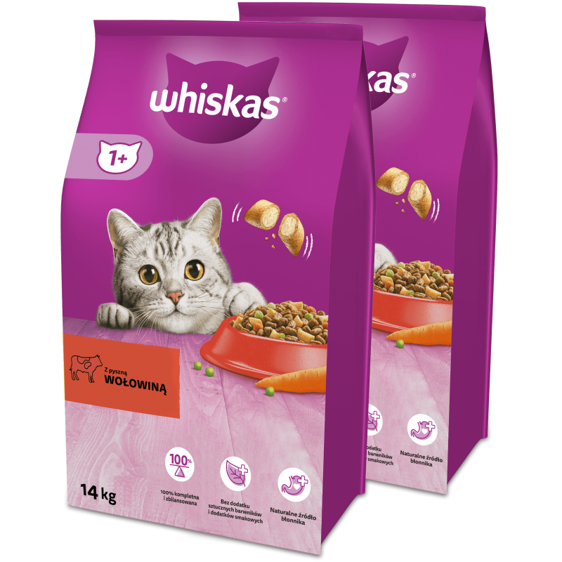 WHISKAS Adult 2x14 kg - sucha karma pełnoporcjowa dla dorosłych kotów, z pyszną wołowiną