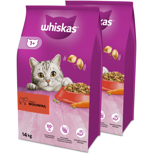 WHISKAS Adult 2x14 kg - sucha karma pełnoporcjowa dla dorosłych kotów, z pyszną wołowiną