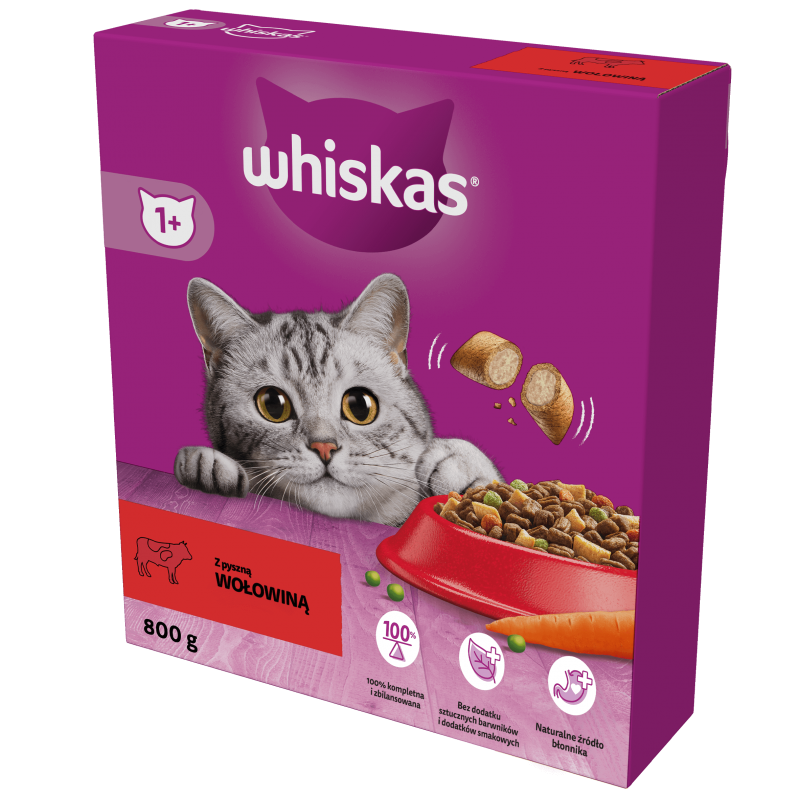 WHISKAS Adult 800 g - sucha karma pełnoporcjowa dla dorosłych kotów, z pyszną wołowiną