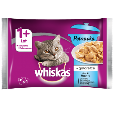 WHISKAS Adult Potrawka 4x85g Smaki Rybne - mokra karma dla kotów w galaretce (z kurczakiem, z łososiem, z wołowiną, z tuńczykiem