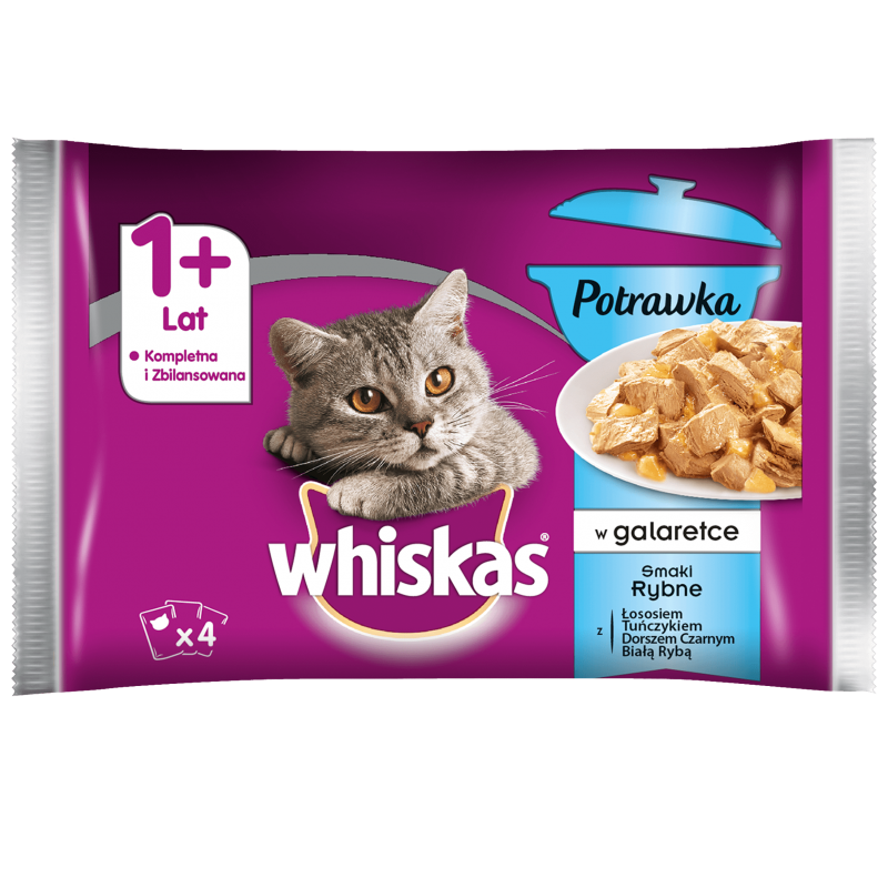 WHISKAS Adult Potrawka 4x85g Smaki Rybne - mokra karma dla kotów w galaretce (z kurczakiem, z łososiem, z wołowiną, z tuńczykiem