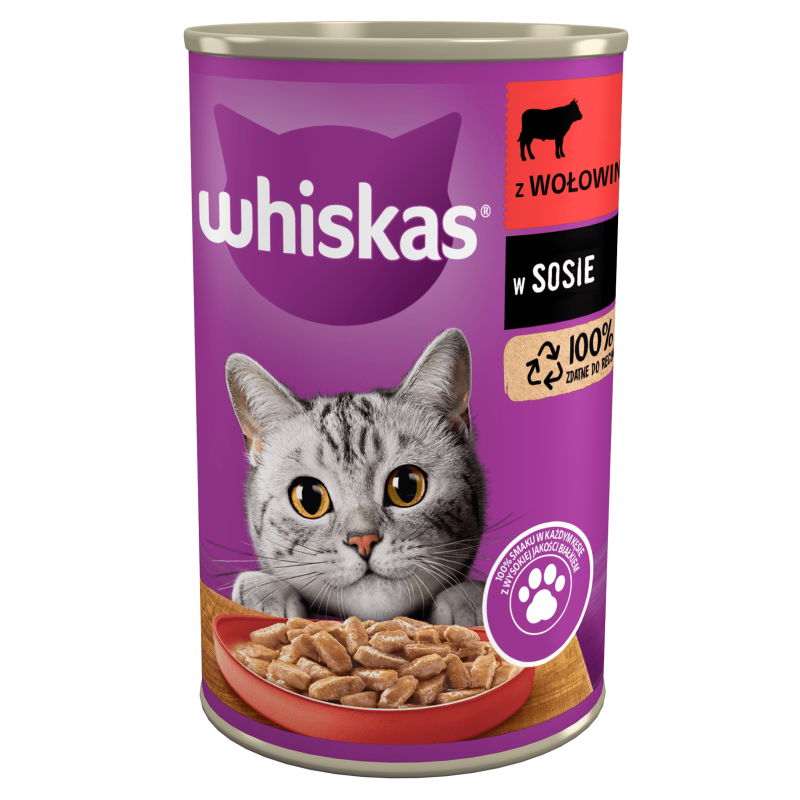 WHISKAS Adult puszka 400 g - mokra karma pełnoporcjowa dla dorosłych kotów, kawałki z wołowiną w sosie