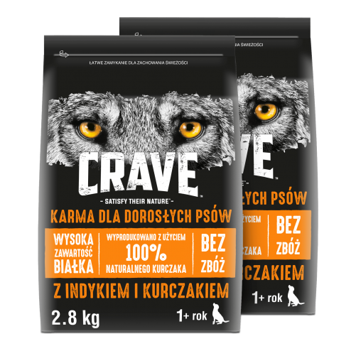 CRAVE™ - sucha karma bezzbożowa dla psa z indykiem i kurczakiem 2,8kg + 2,8kg GRATIS