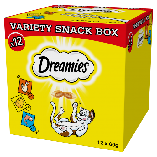 DREAMIES™ Variety Snack Box – karma uzupełniająca dla kotów (z kurczakiem, z serem i o smaku łososia) - 720g